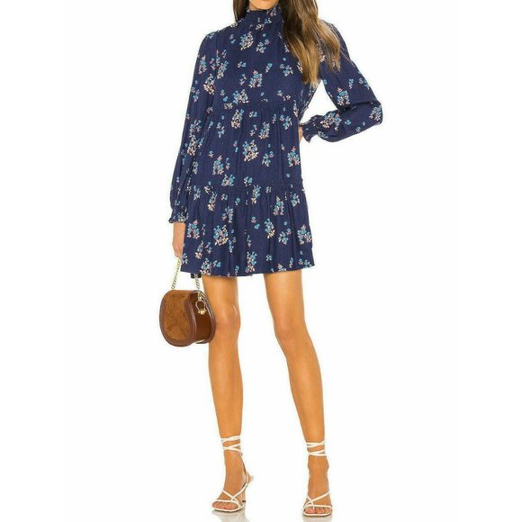 Free People Dresses & Skirts - Free People Petit Fours Mini Indigo Blue Long Sleeve Floral Dress Medium